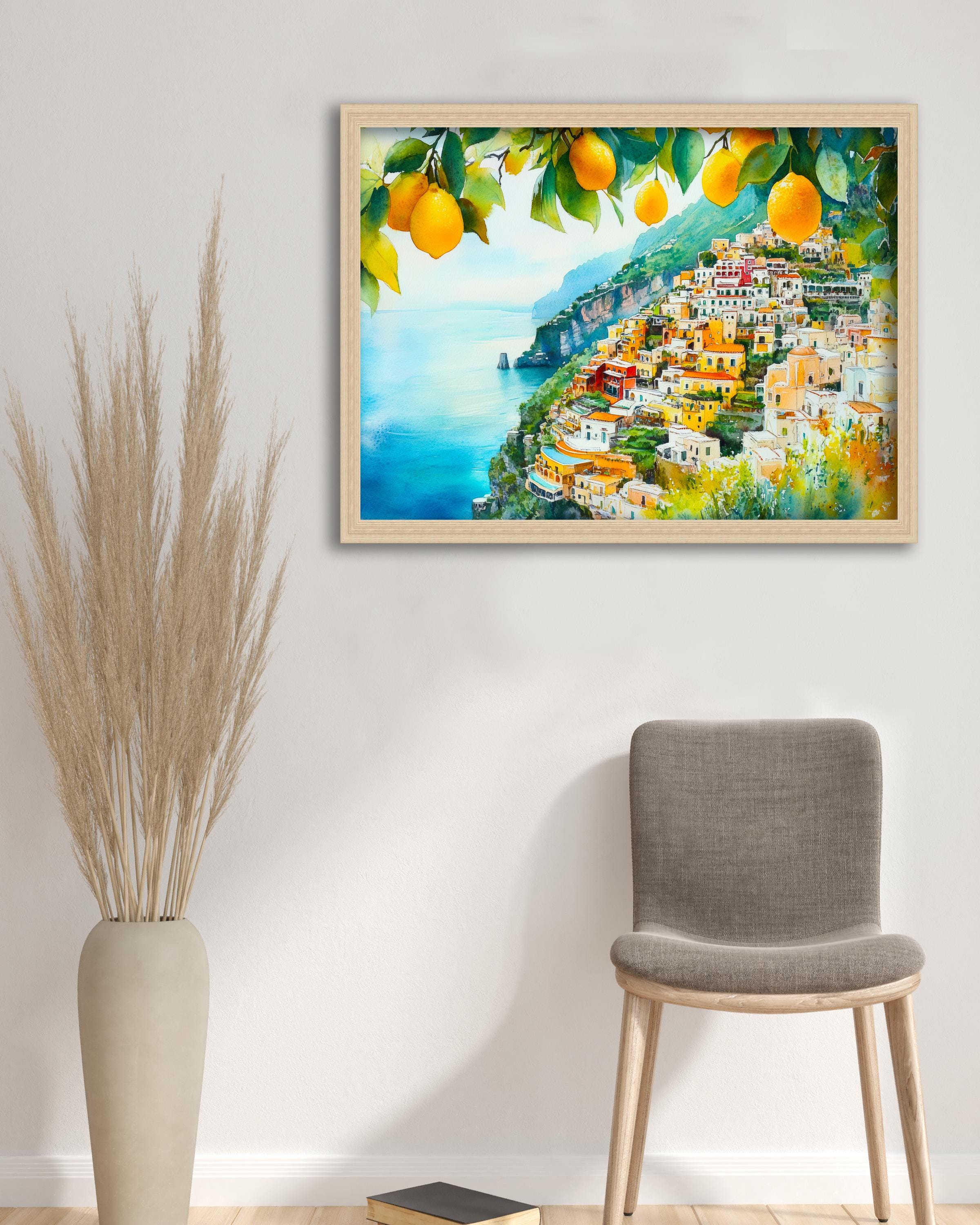 Santorini Watercolor Landscape Painting Poster Greece Wall Art Coastal Village Print Gift for Europe Lovers and Fans of Scenic Greek Island