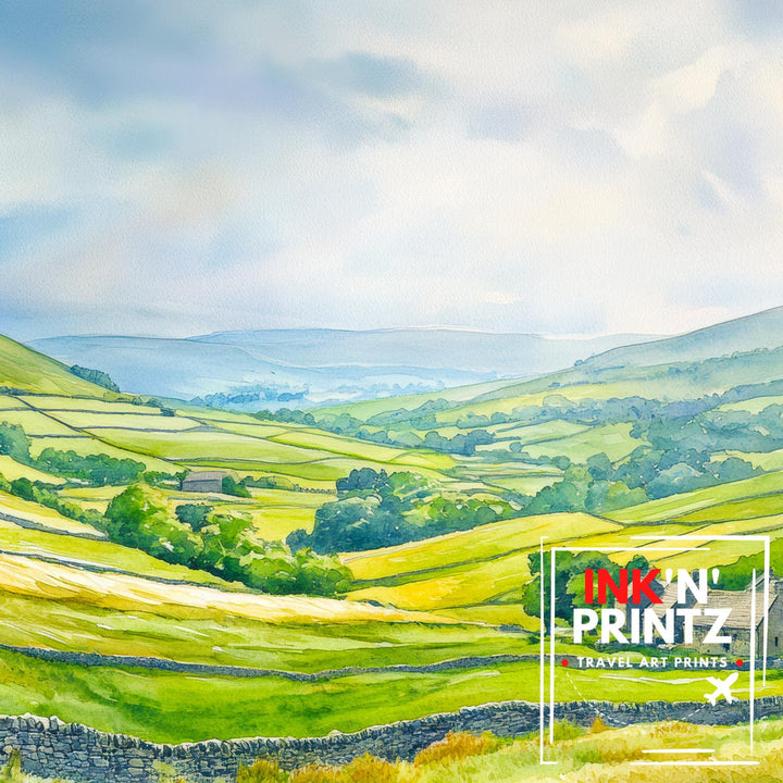 Yorkshire Dales Watercolour Landscape Painting Poster England Wall Art Countryside Print Gift for UK Nature Lovers and Fans of Scenic