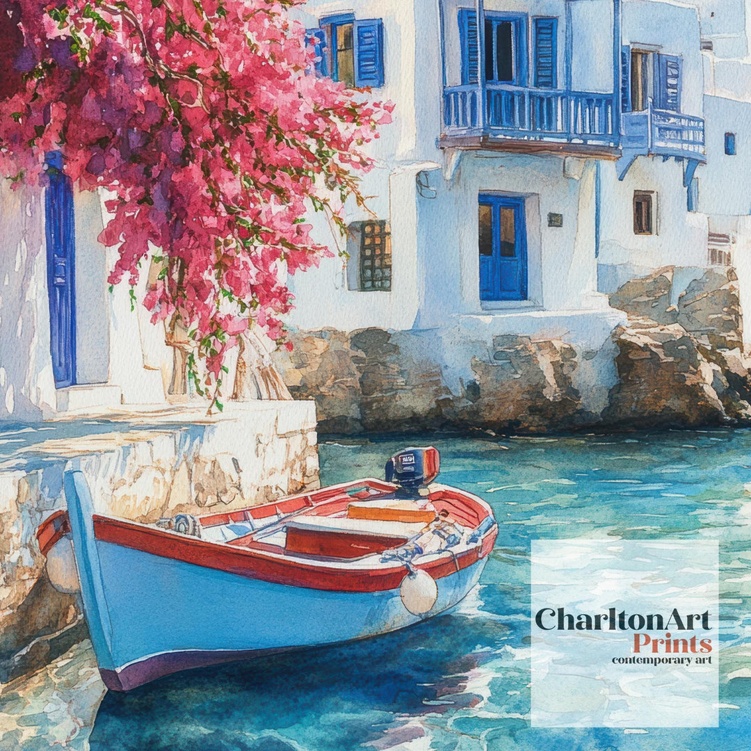 Mykonos Landscape Watercolour Painting Poster Greece Wall Art Coastal Island Scene Print Gift for Europe Lovers and Fans of Scenic Greek