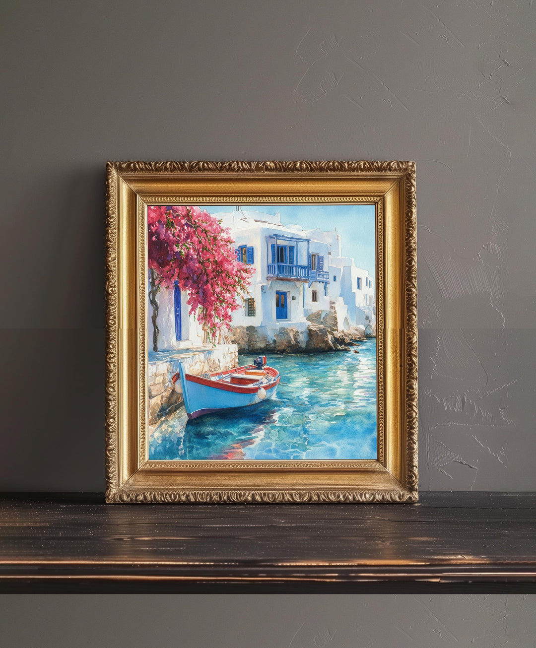 Mykonos Landscape Watercolour Painting Poster Greece Wall Art Coastal Island Scene Print Gift for Europe Lovers and Fans of Scenic Greek