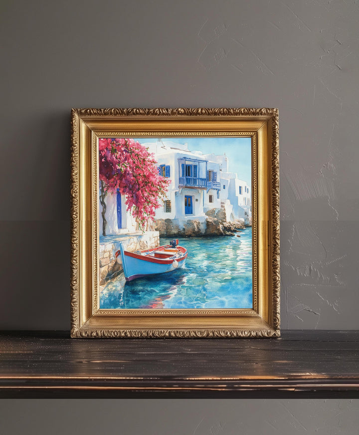 Mykonos Landscape Watercolour Painting Poster Greece Wall Art Coastal Island Scene Print Gift for Europe Lovers and Fans of Scenic Greek