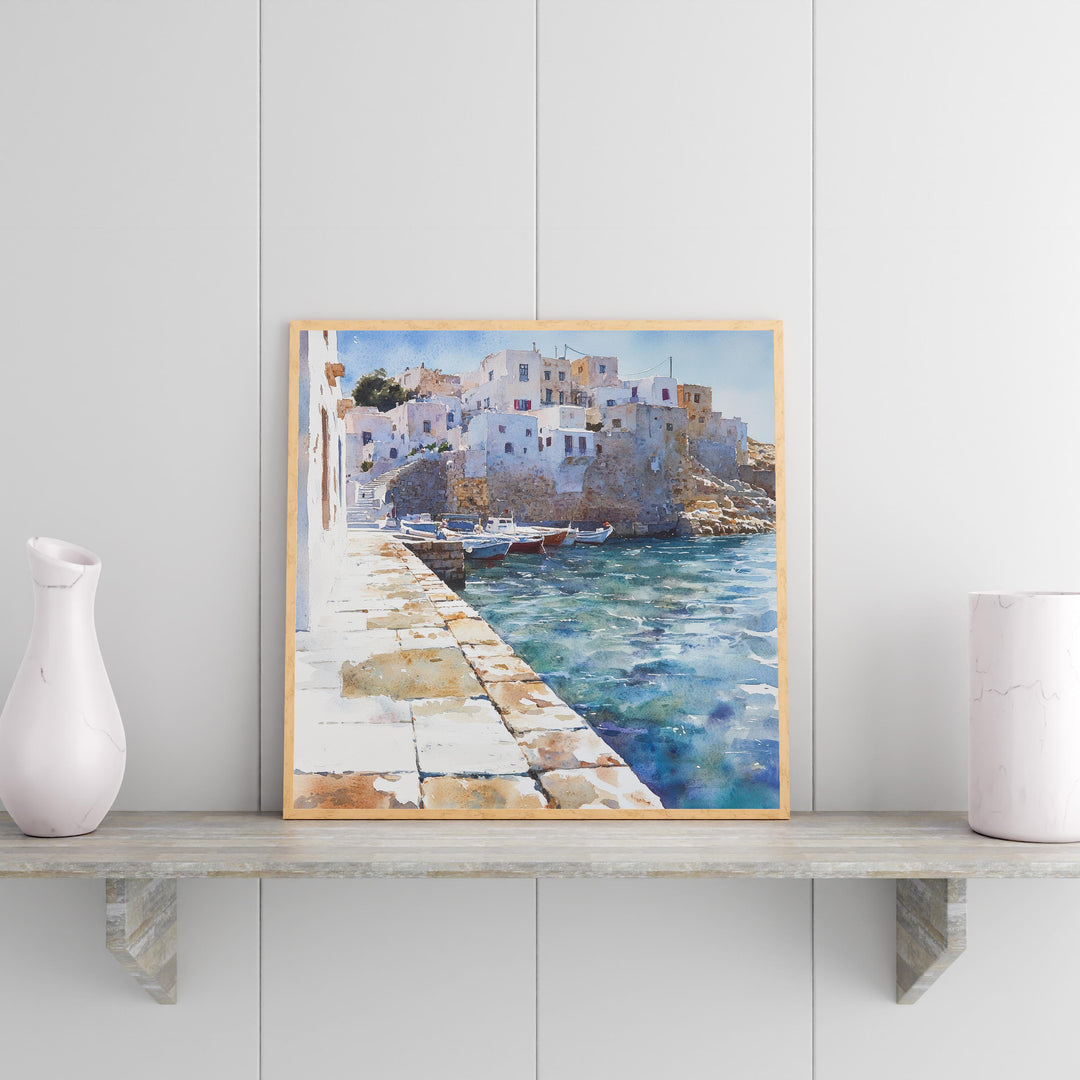 Naxos Greece Watercolour Landscape Painting Poster Wall Art Coastal Island Scene Print Gift for Europe Lovers and Fans of Scenic Greek