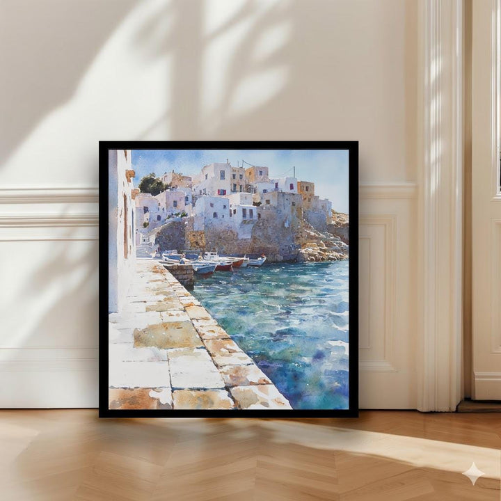 Naxos Greece Watercolour Landscape Painting Poster Wall Art Coastal Island Scene Print Gift for Europe Lovers and Fans of Scenic Greek