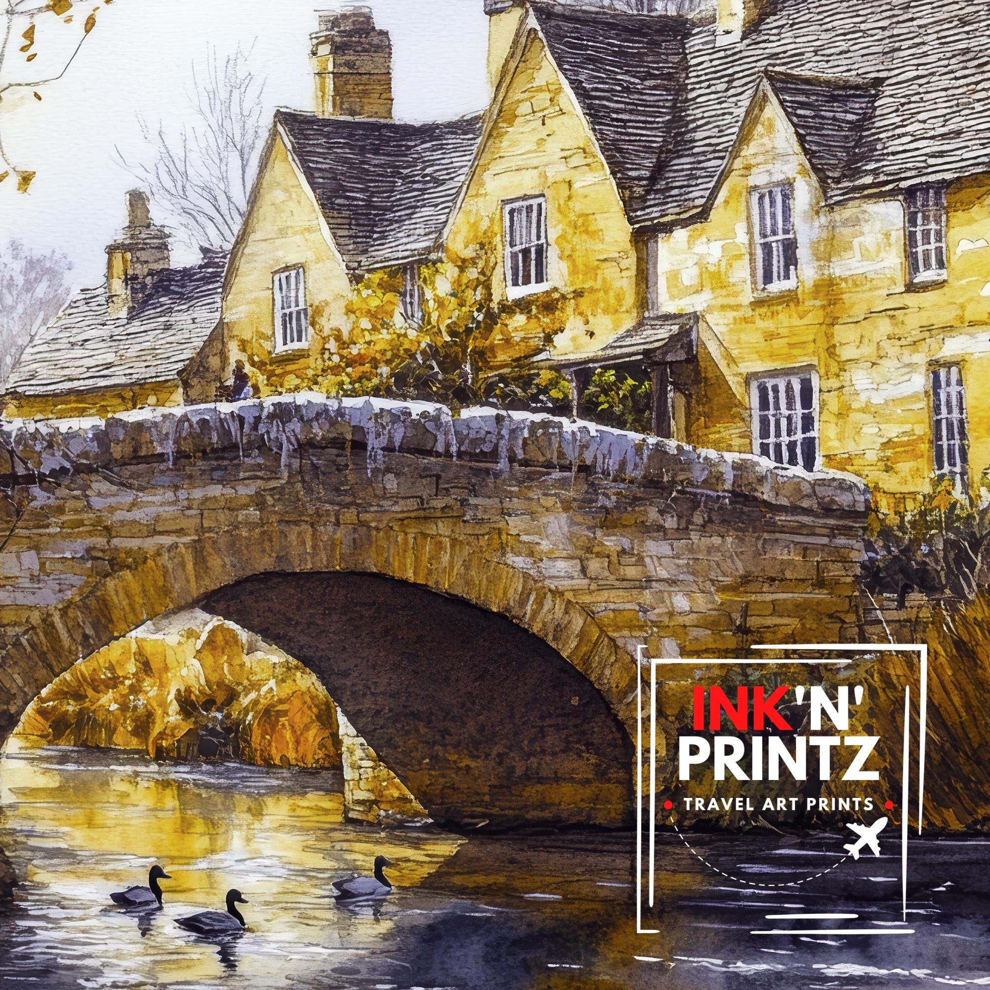 Bourton-on-the-Water Watercolour Art Print Cotswolds Village Poster River Windrush Landscape England Wall Decor Venice of the Cotswolds Gift