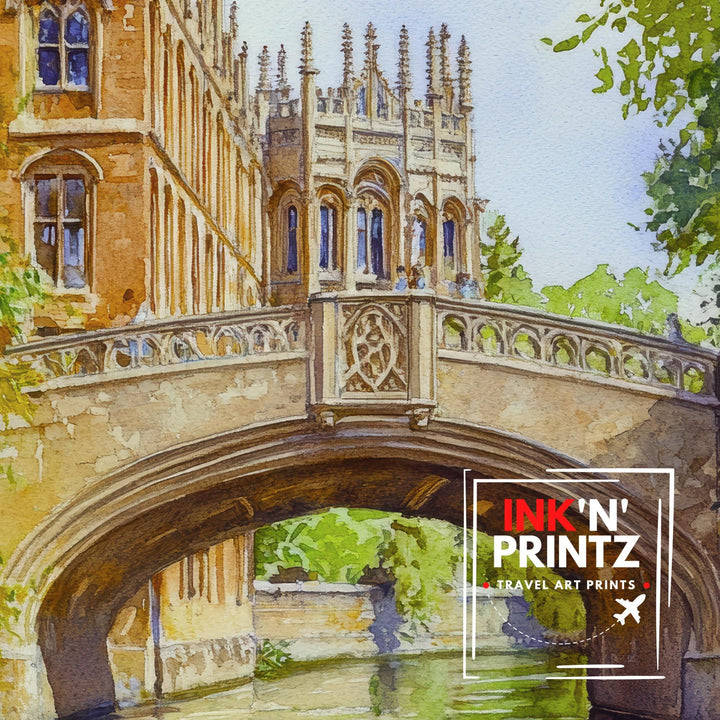 Bridge of Sighs Cambridge Watercolour Art St John's College Print River Cam Punting UK Travel Poster Gothic Architecture England Wall Decor