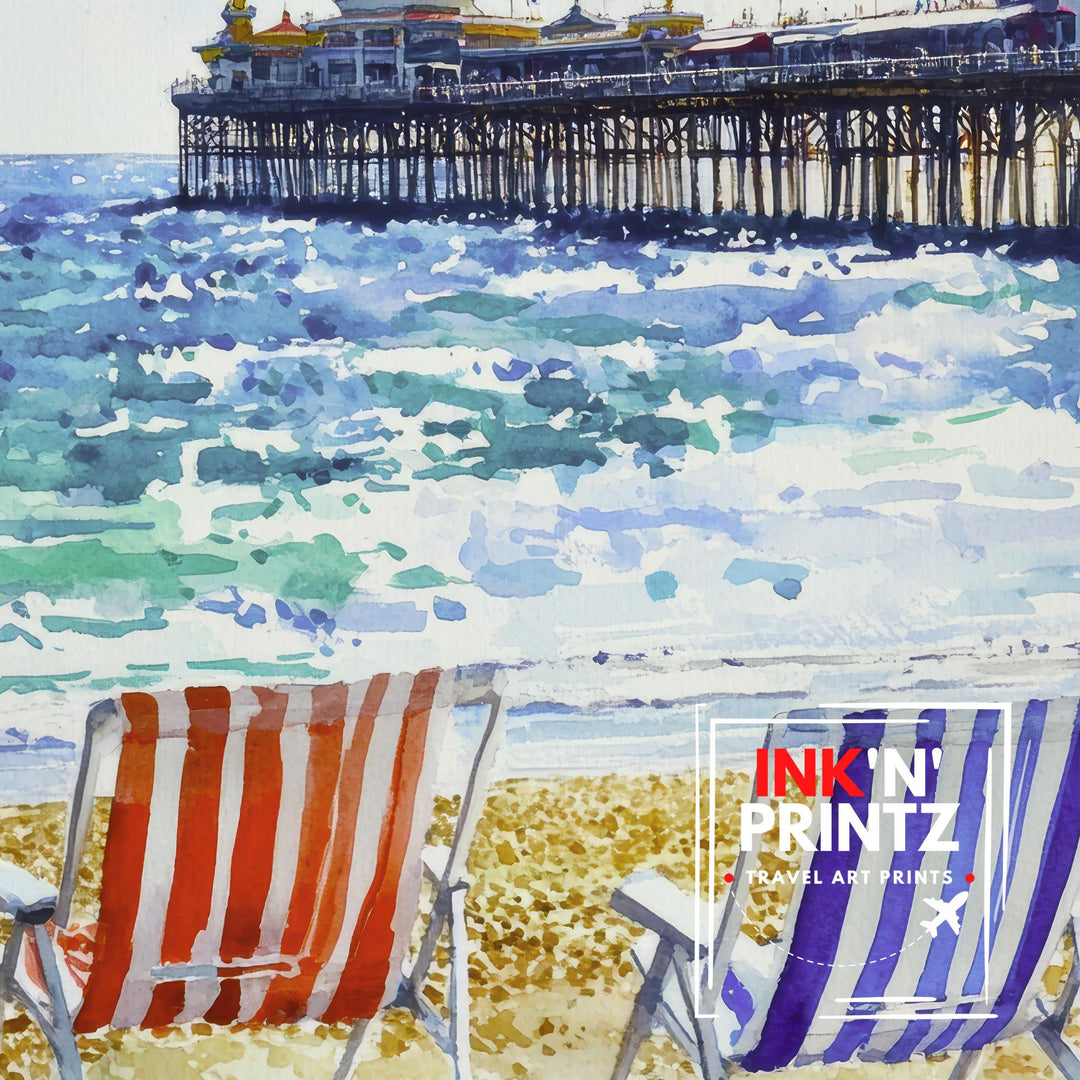 Brighton Palace Pier Watercolour Art Print Coastal Sussex Wall Decor English Seaside Landscape UK Travel Poster Bright Colours Beach Hut