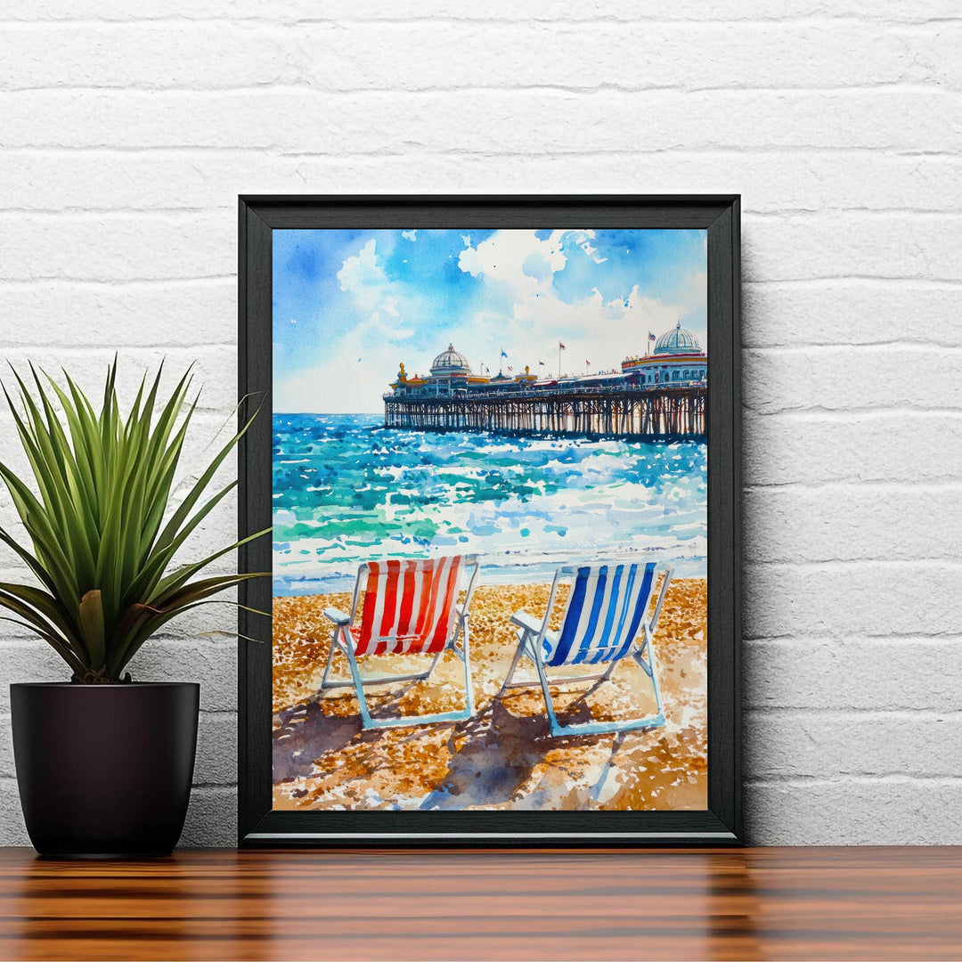 Brighton Palace Pier Watercolour Art Print Coastal Sussex Wall Decor English Seaside Landscape UK Travel Poster Bright Colours Beach Hut
