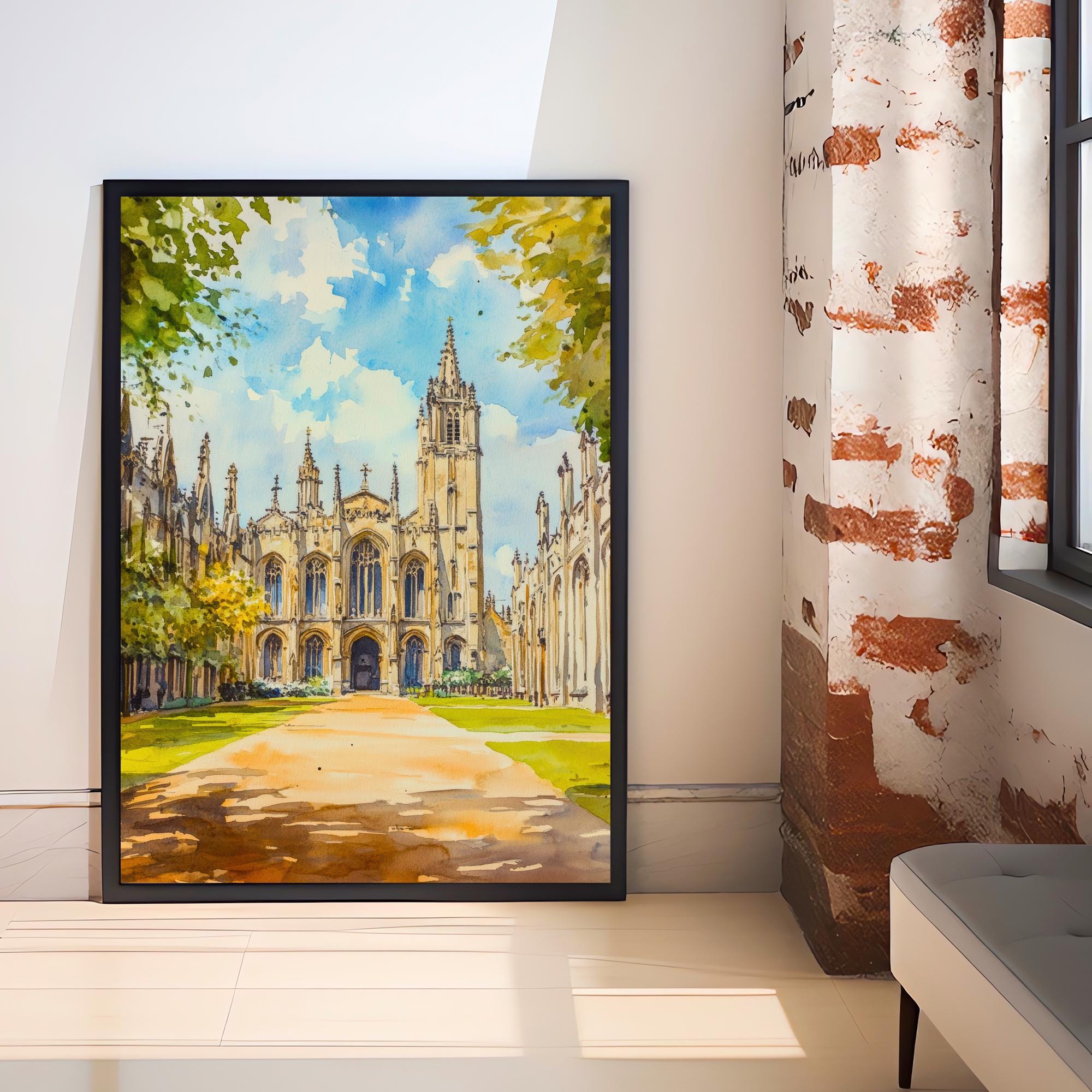 King's College Chapel Cambridge Watercolour Print UK Architecture Art Perpendicular Gothic Fan Vaulting University City College Wall Decor