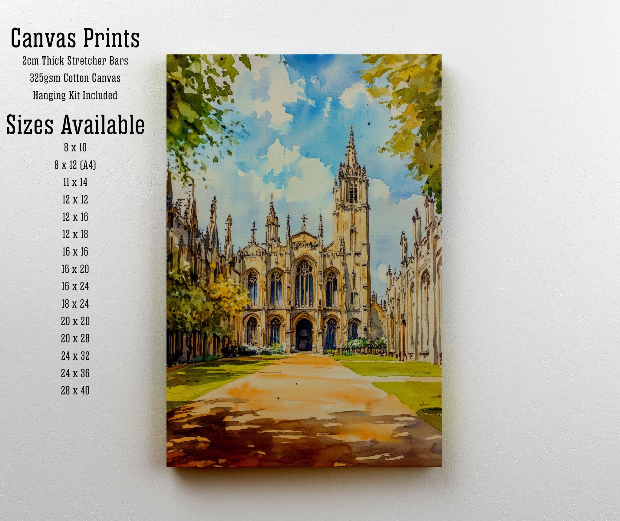 King's College Chapel Cambridge Watercolour Print UK Architecture Art Perpendicular Gothic Fan Vaulting University City College Wall Decor