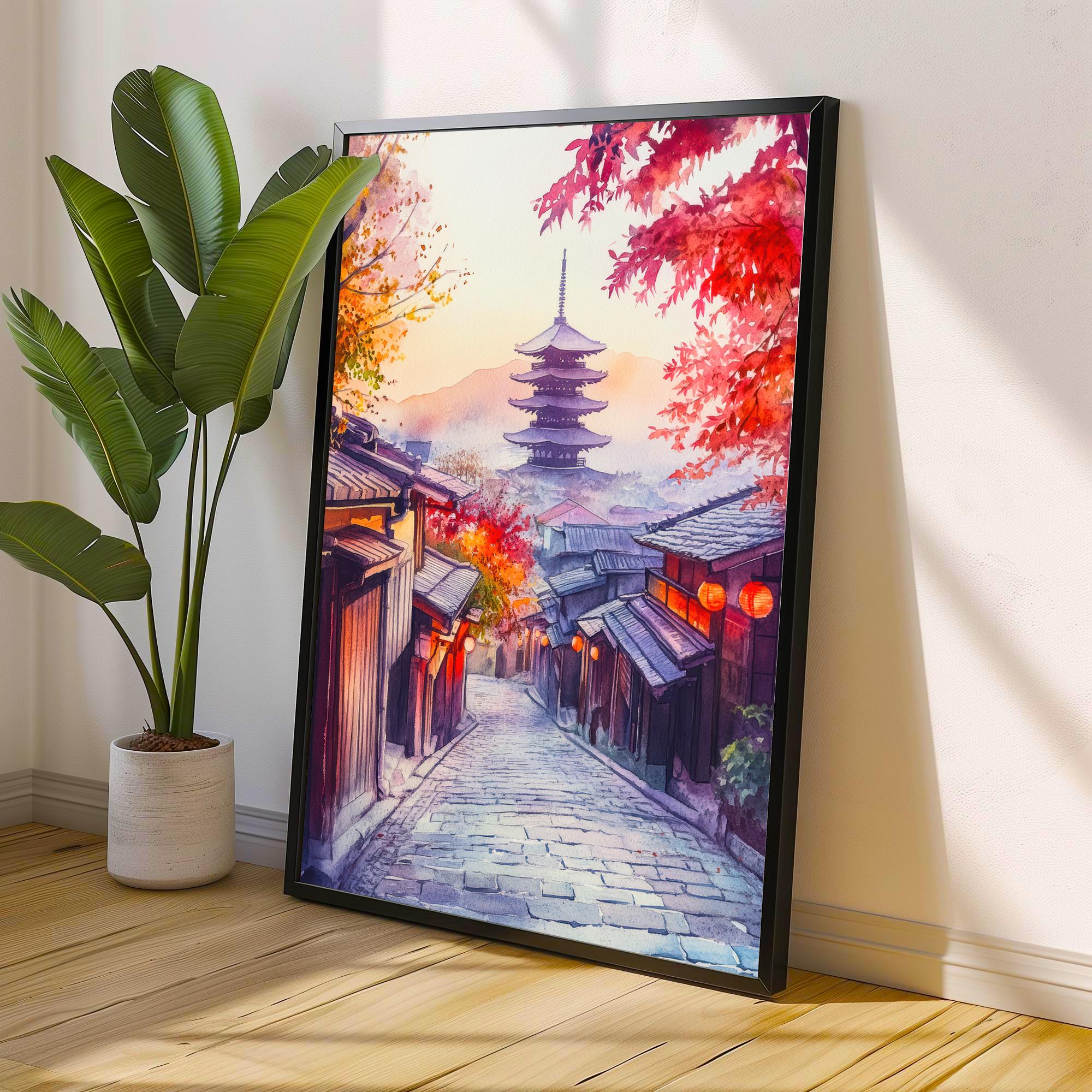 Kyoto Japan Watercolour Painting Poster Japanese Garden Art Cherry Blossom Sakura Temple Pagoda Geisha District Asia Travel Wall Decor