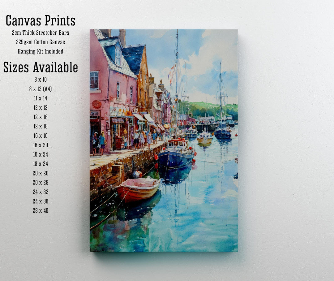 Padstow Harbour Watercolour Painting Cornwall Coastal Wall Art Print Colourful Fishing Boats Seaside Village UK Travel Poster Kitchen Decor