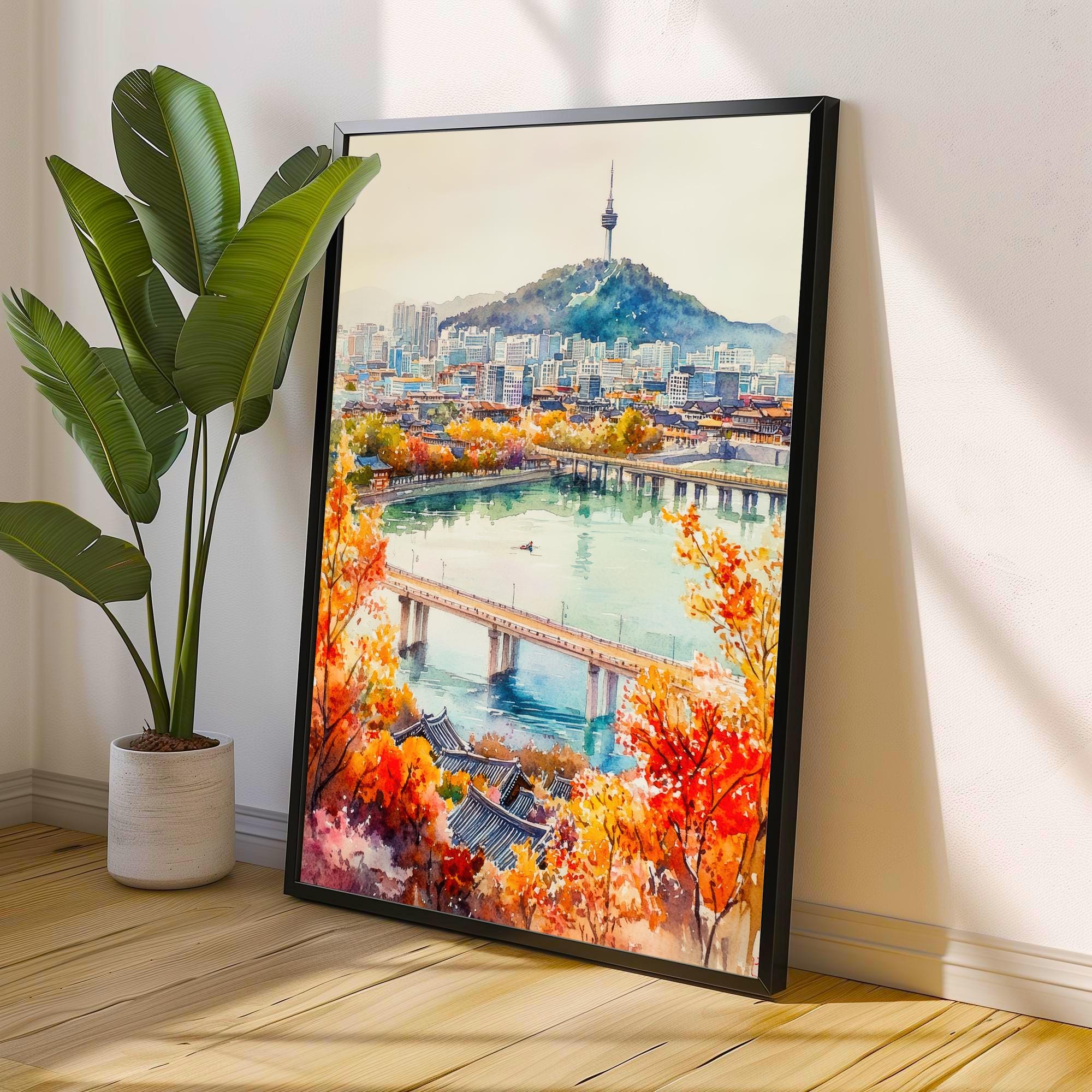 South Korea Watercolour Art Print South Korea Travel Poster Gyeongbokgung Palace Hanok Village Modern Skyline K-Culture Wall Decor Gift
