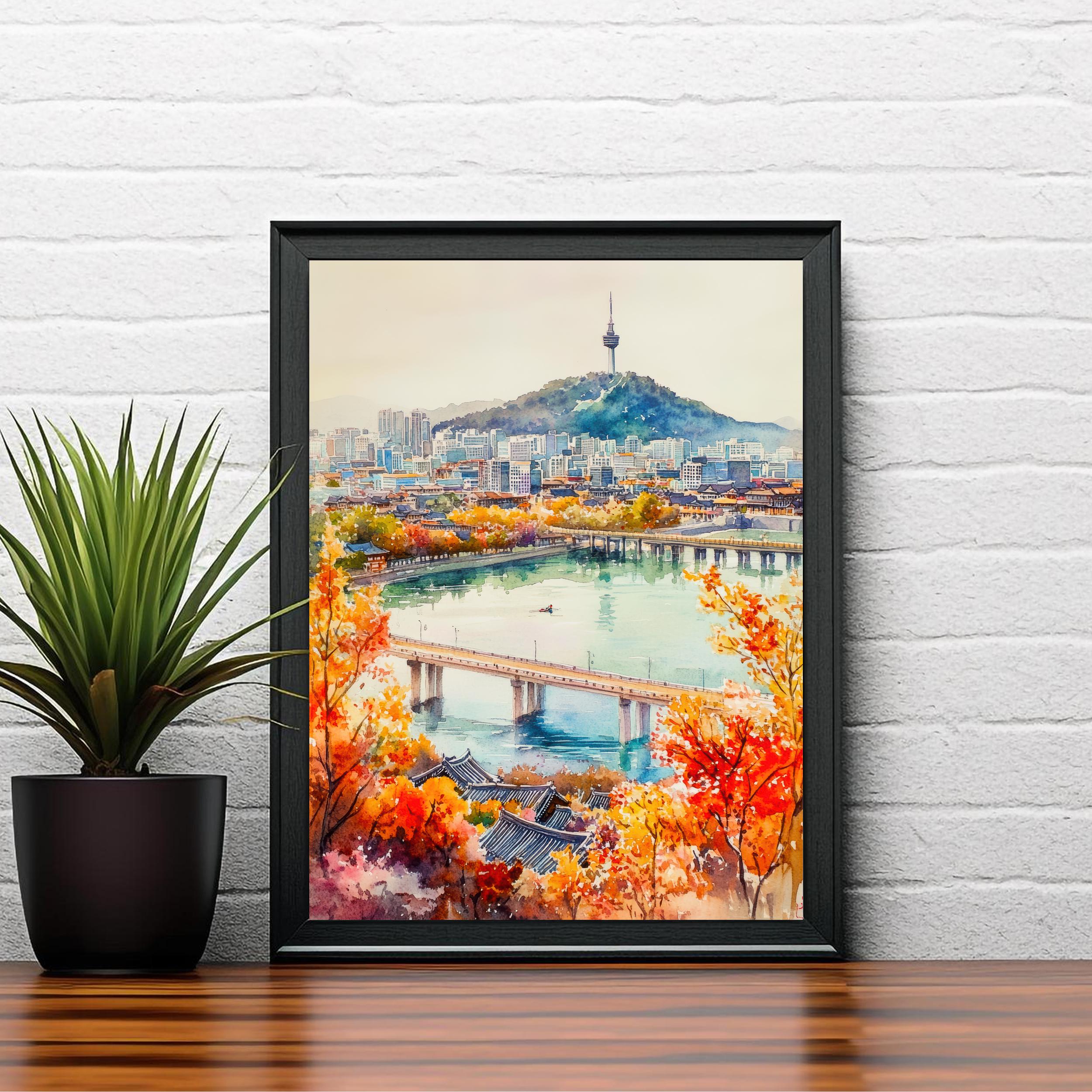 South Korea Watercolour Art Print South Korea Travel Poster Gyeongbokgung Palace Hanok Village Modern Skyline K-Culture Wall Decor Gift