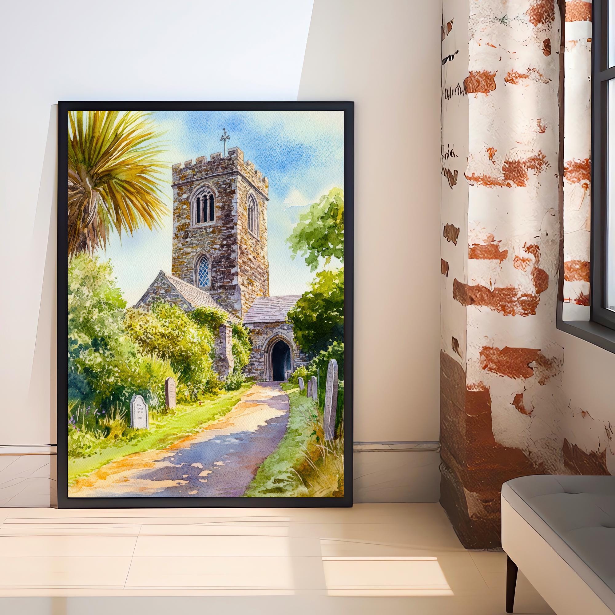 St Enodoc Church Cornwall Watercolour Print John Betjeman Grave Daymer Bay North Cornwall Coastal Art Crooked Spire Sand Dunes Gift