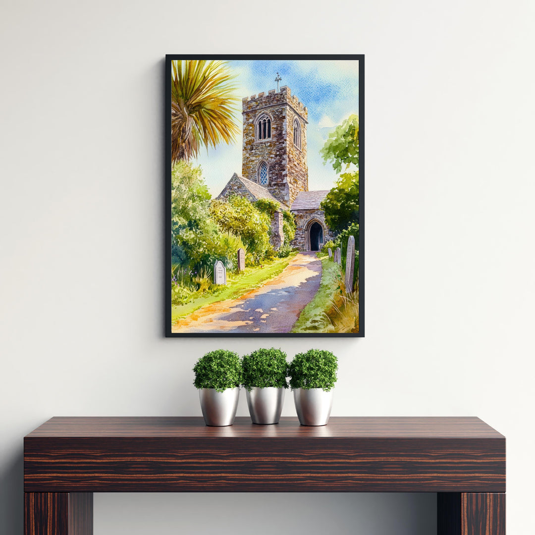 St Enodoc Church Cornwall Watercolour Print John Betjeman Grave Daymer Bay North Cornwall Coastal Art Crooked Spire Sand Dunes Gift