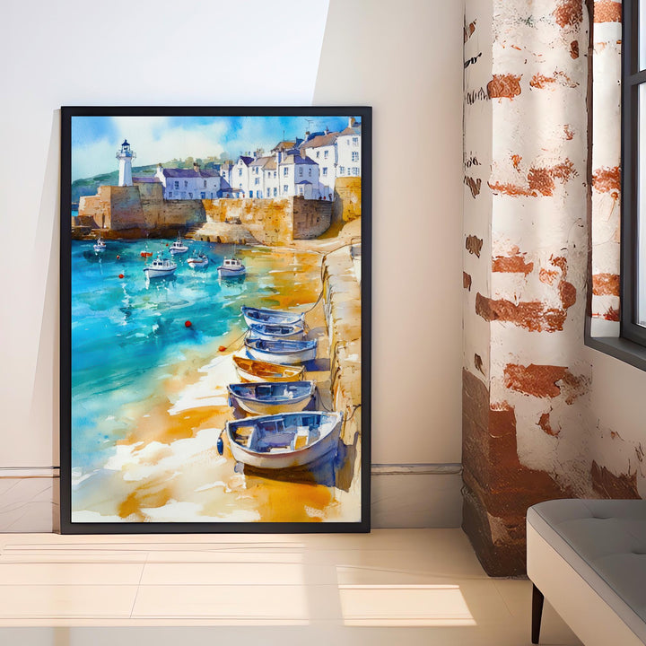 St Ives Harbour Watercolour Painting Cornwall Coastal Art Print Golden Sands Turquoise Sea Fishing Boats Lighthouse UK Travel Poster