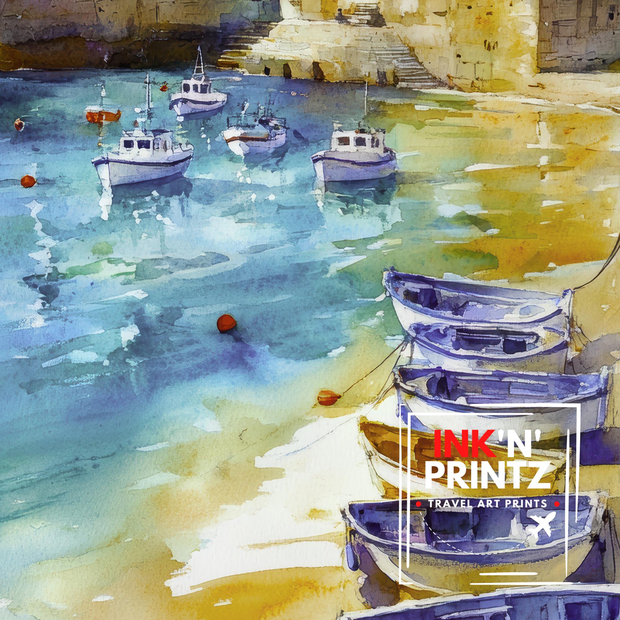 St Ives Harbour Watercolour Painting Cornwall Coastal Art Print Golden Sands Turquoise Sea Fishing Boats Lighthouse UK Travel Poster