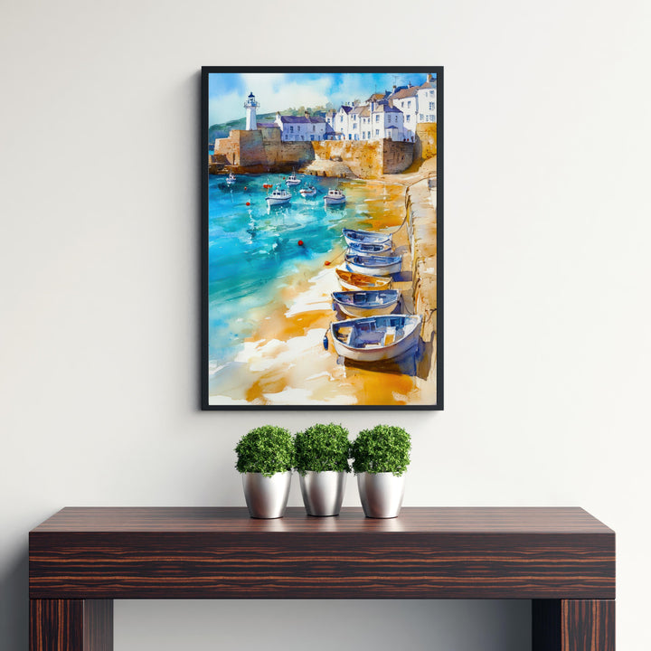 St Ives Harbour Watercolour Painting Cornwall Coastal Art Print Golden Sands Turquoise Sea Fishing Boats Lighthouse UK Travel Poster