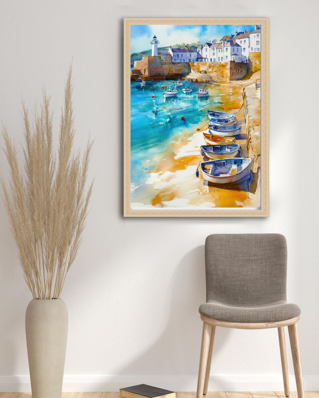 St Ives Harbour Watercolour Painting Cornwall Coastal Art Print Golden Sands Turquoise Sea Fishing Boats Lighthouse UK Travel Poster