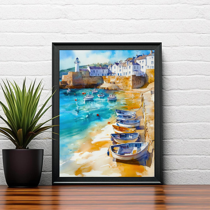 St Ives Harbour Watercolour Painting Cornwall Coastal Art Print Golden Sands Turquoise Sea Fishing Boats Lighthouse UK Travel Poster