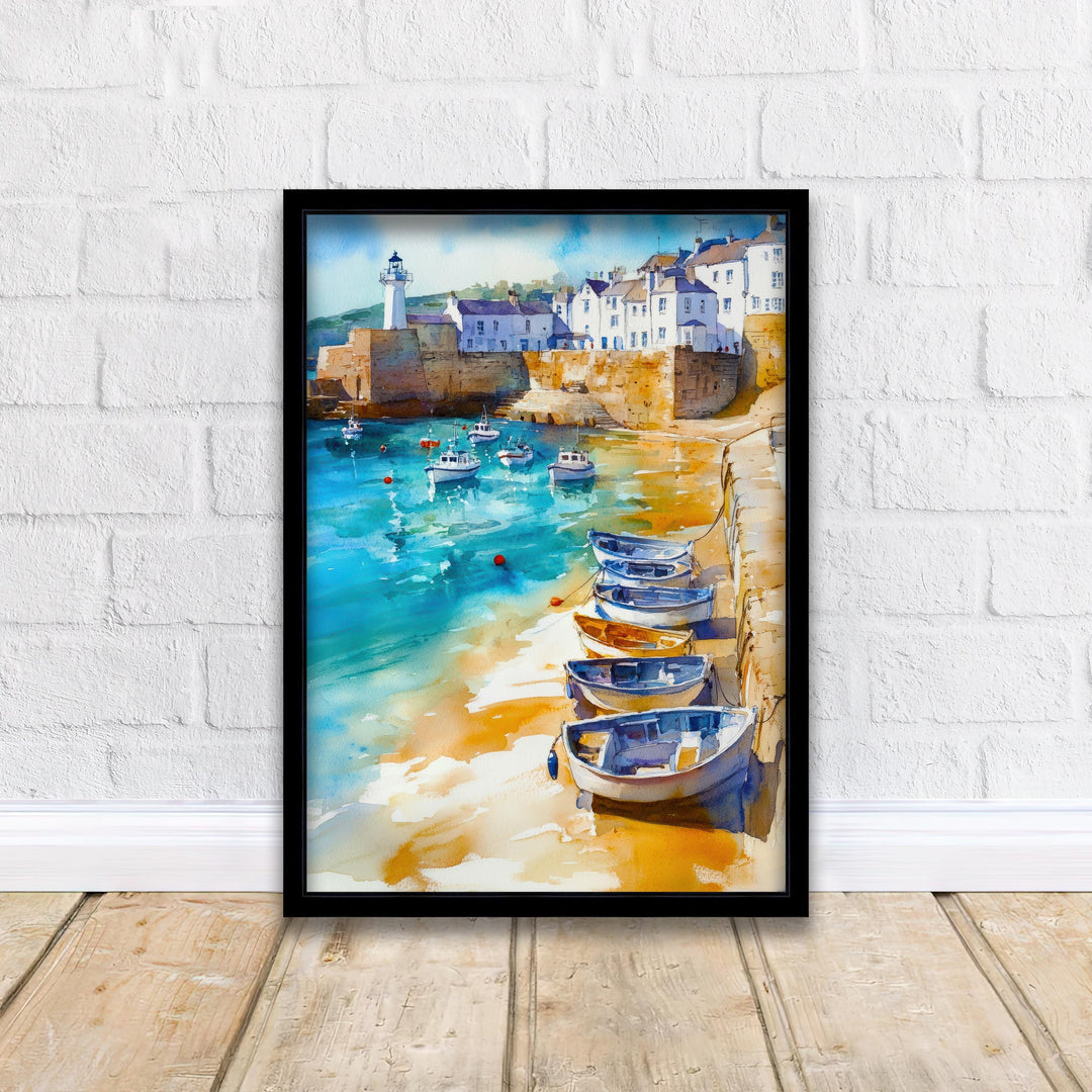 St Ives Harbour Watercolour Painting Cornwall Coastal Art Print Golden Sands Turquoise Sea Fishing Boats Lighthouse UK Travel Poster