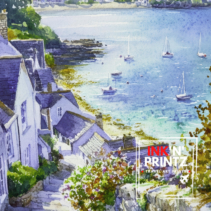 St Mawes Watercolour Poster Print Cornwall Coastal Art Roseland Peninsula Village Fal River Boats Seaside Home Decor Wall Art Gift