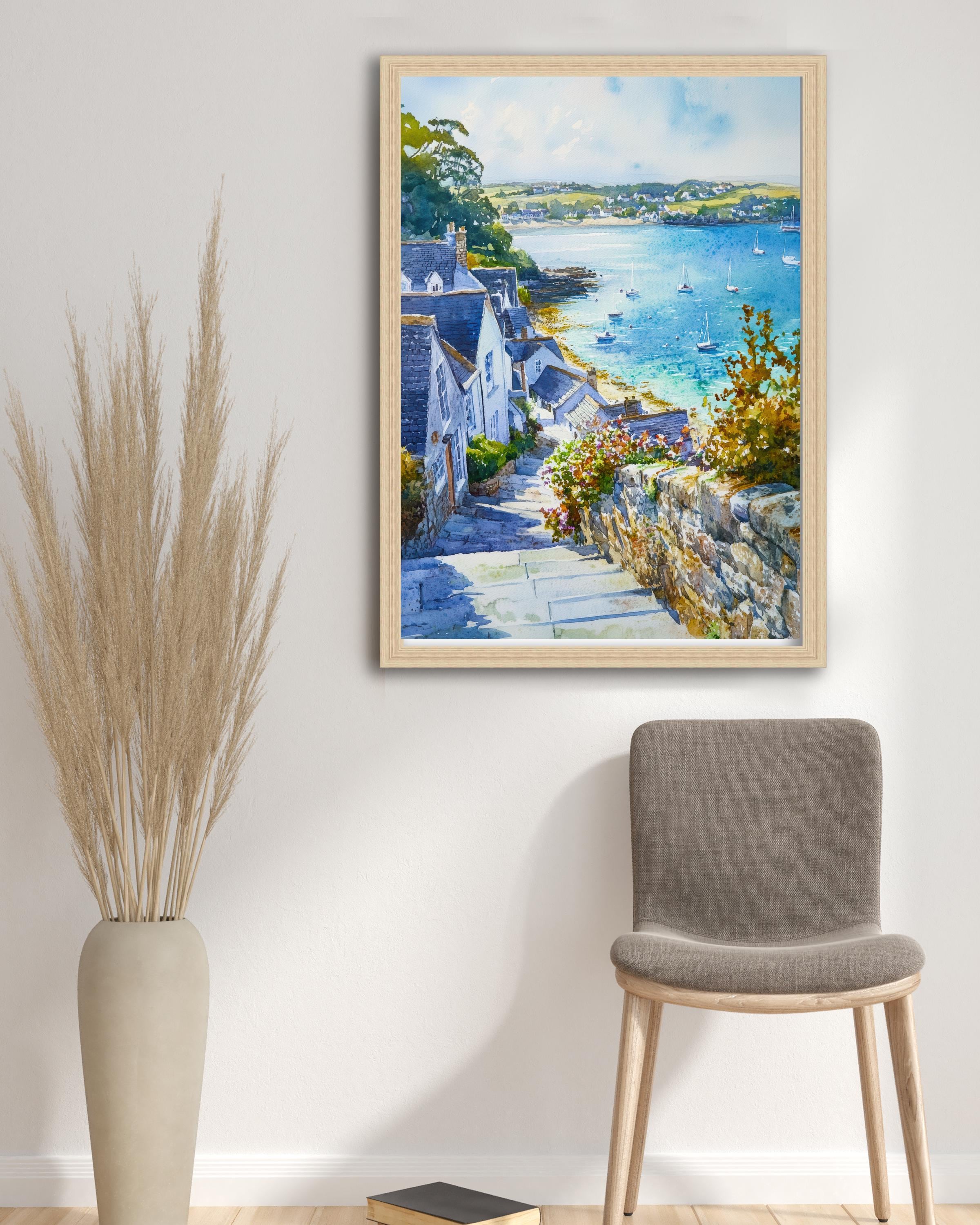 St Mawes Watercolour Poster Print Cornwall Coastal Art Roseland Peninsula Village Fal River Boats Seaside Home Decor Wall Art Gift