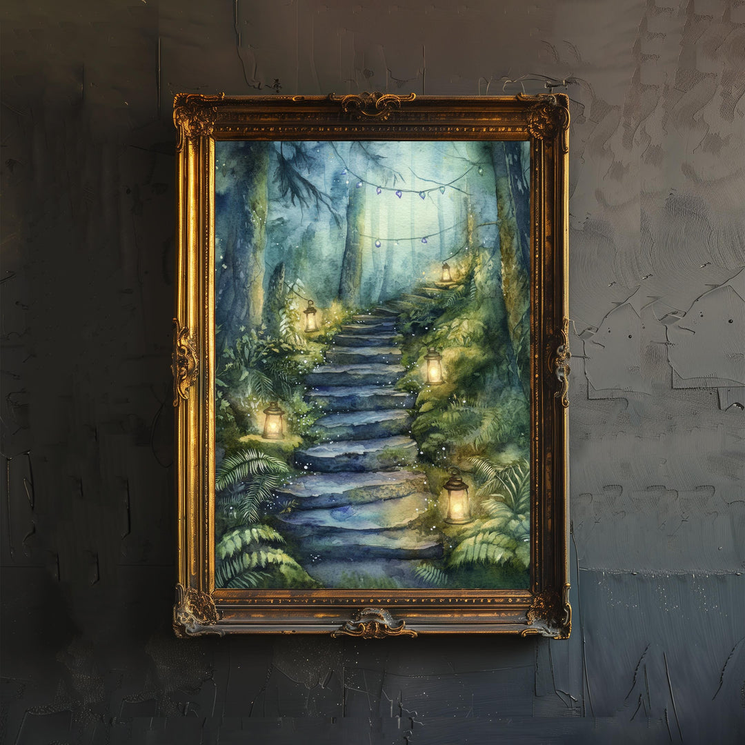 Mossy Stone Stairway Poster Cottagecore Decor Dark Academia Art Vintage Woodland Illustration Rustic Nature Wall Art Poster Print