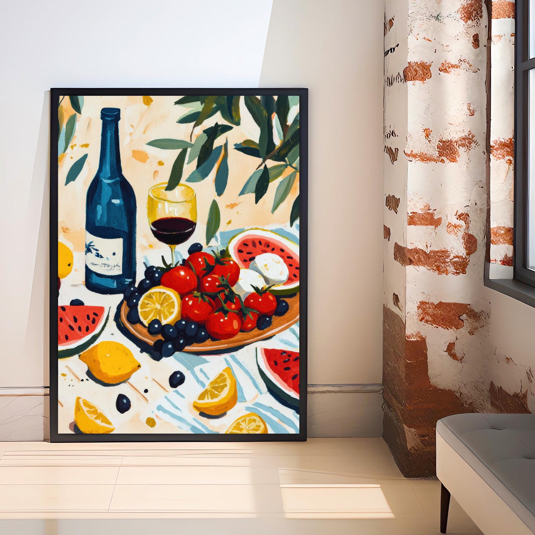 Mediterranean Table Art Print Still Life Painting Coastal Kitchen Wall Art Rustic Fruit And Wine Scene Warm Summer Decor