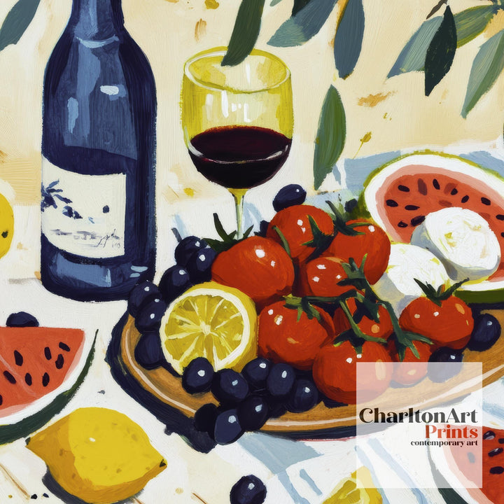 Mediterranean Table Art Print Still Life Painting Coastal Kitchen Wall Art Rustic Fruit And Wine Scene Warm Summer Decor