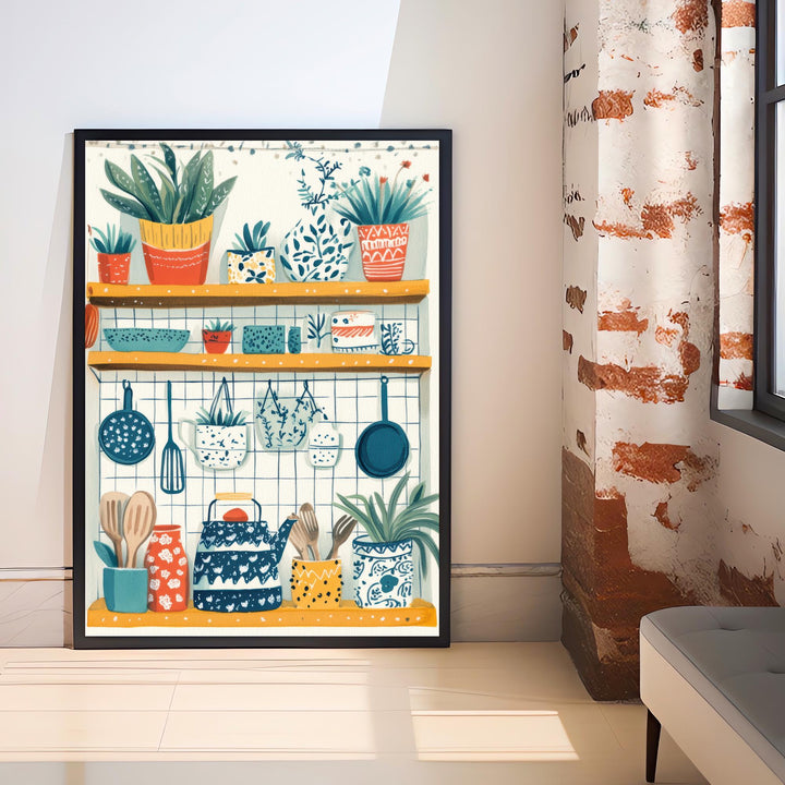 Patterned Kitchen Shelf Art Print Folk Still Life Wall Art Colorful Home Decor Cottage Kitchen Painting Vintage Rustic Style
