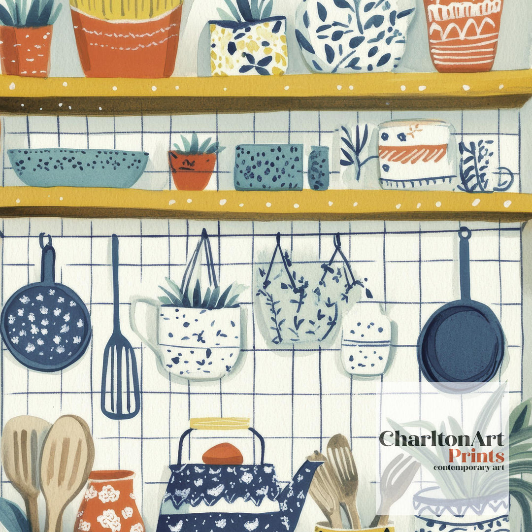 Patterned Kitchen Shelf Art Print Folk Still Life Wall Art Colorful Home Decor Cottage Kitchen Painting Vintage Rustic Style