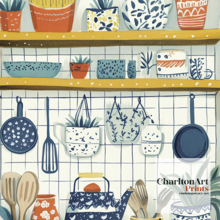 Patterned Kitchen Shelf Art Print Folk Still Life Wall Art Colorful Home Decor Cottage Kitchen Painting Vintage Rustic Style