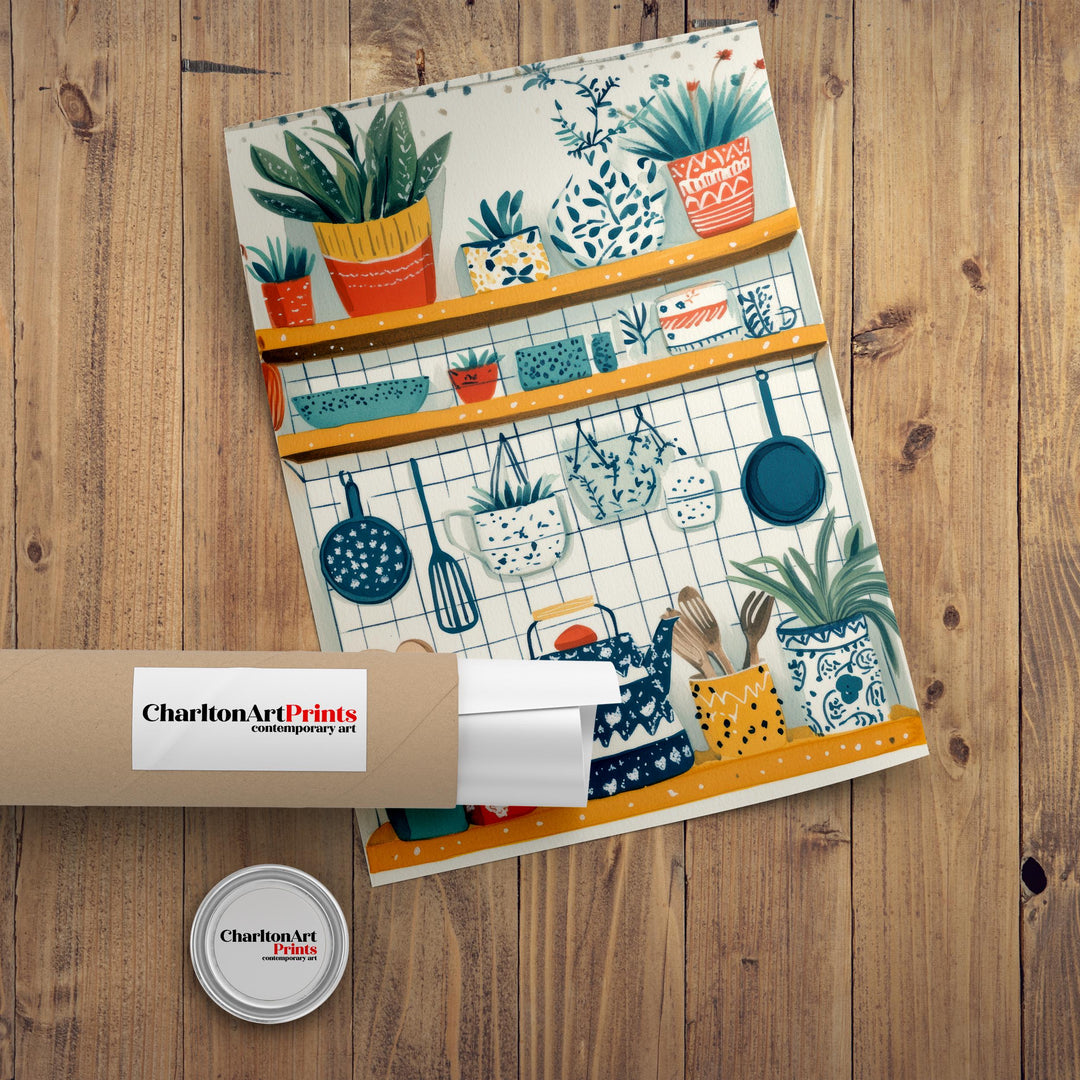 Patterned Kitchen Shelf Art Print Folk Still Life Wall Art Colorful Home Decor Cottage Kitchen Painting Vintage Rustic Style