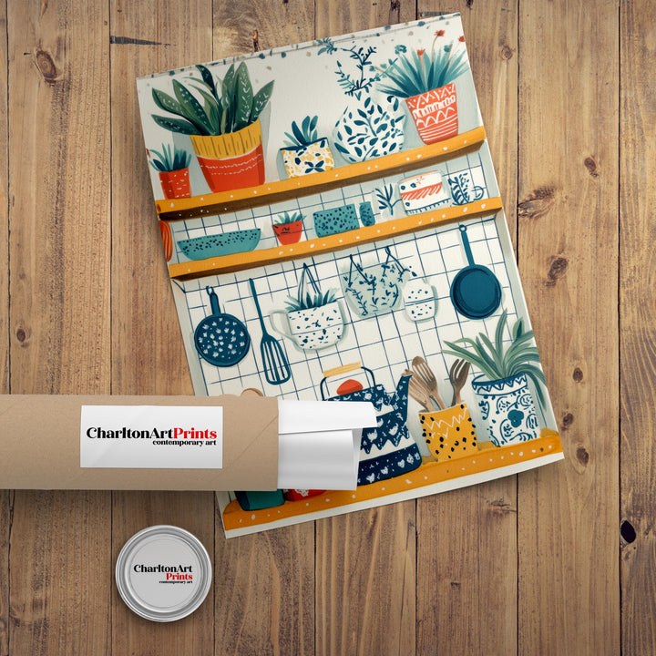 Patterned Kitchen Shelf Art Print Folk Still Life Wall Art Colorful Home Decor Cottage Kitchen Painting Vintage Rustic Style