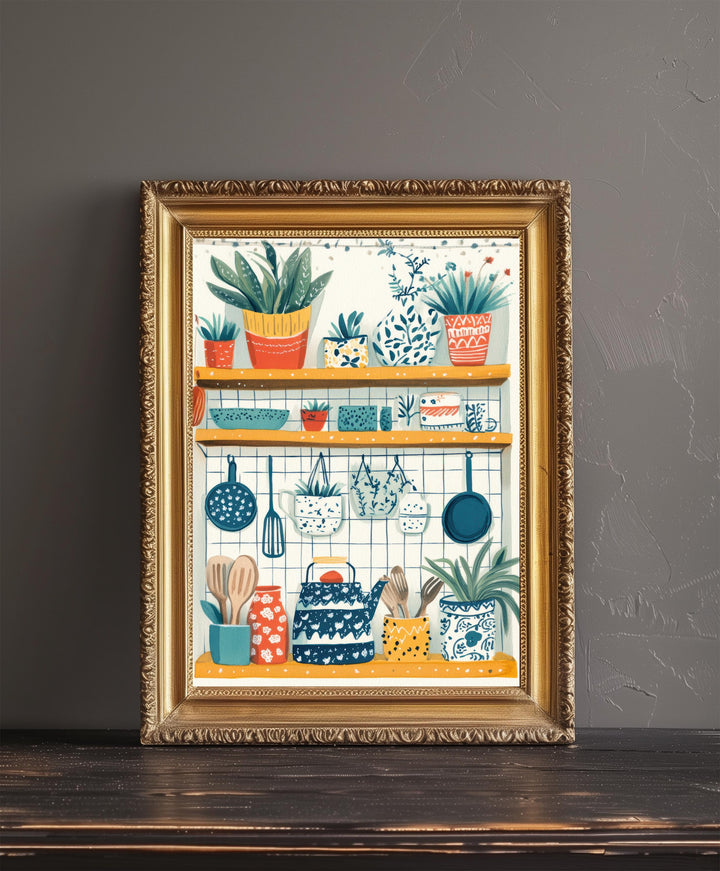Patterned Kitchen Shelf Art Print Folk Still Life Wall Art Colorful Home Decor Cottage Kitchen Painting Vintage Rustic Style
