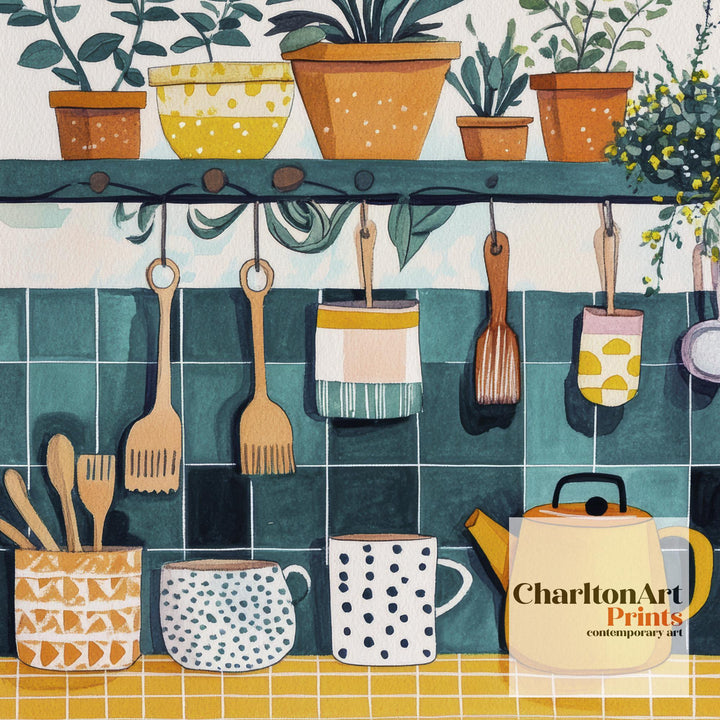 Kitchen Shelf Art Print Folk Still Life Wall Art Cozy Home Decor With Plants Pots And Mugs Country Kitchen Painting