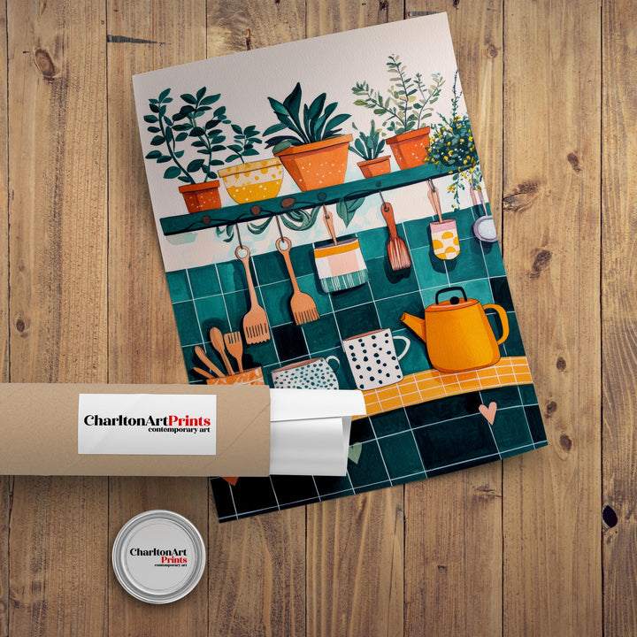 Kitchen Shelf Art Print Folk Still Life Wall Art Cozy Home Decor With Plants Pots And Mugs Country Kitchen Painting