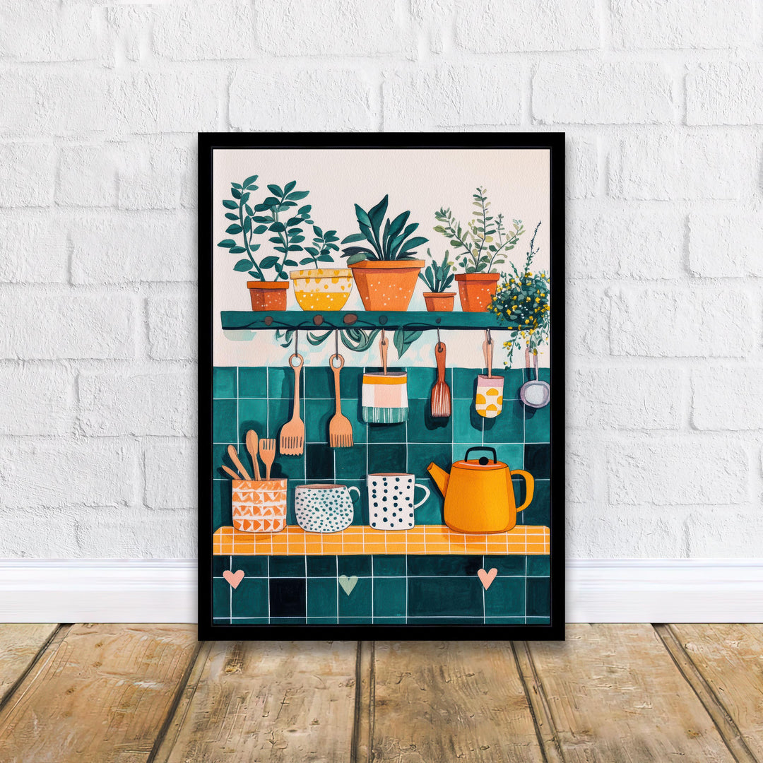 Kitchen Shelf Art Print Folk Still Life Wall Art Cozy Home Decor With Plants Pots And Mugs Country Kitchen Painting