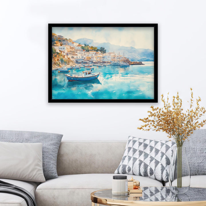 Agia Crete Watercolour Landscape Painting Poster Greece Wall Art Coastal Village Scene Print Gift for Europe Lovers and Fans of Scenic Greek