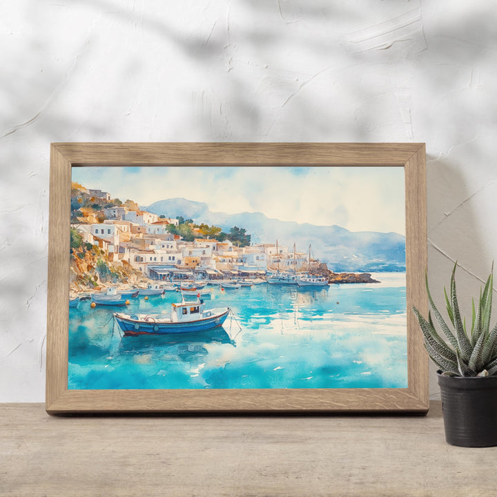 Agia Crete Watercolour Landscape Painting Poster Greece Wall Art Coastal Village Scene Print Gift for Europe Lovers and Fans of Scenic Greek