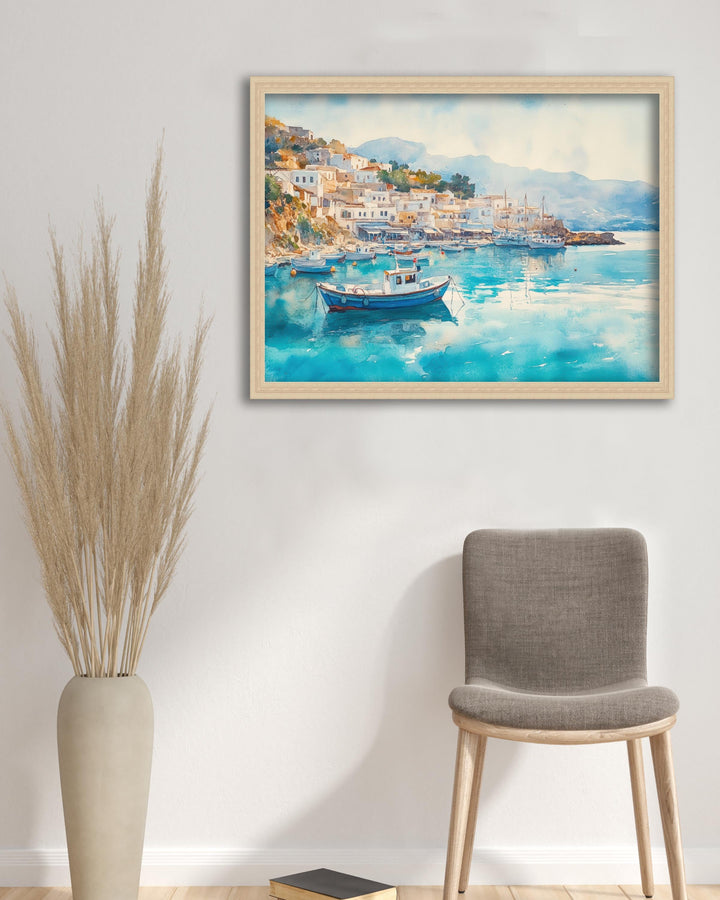 Agia Crete Watercolour Landscape Painting Poster Greece Wall Art Coastal Village Scene Print Gift for Europe Lovers and Fans of Scenic Greek