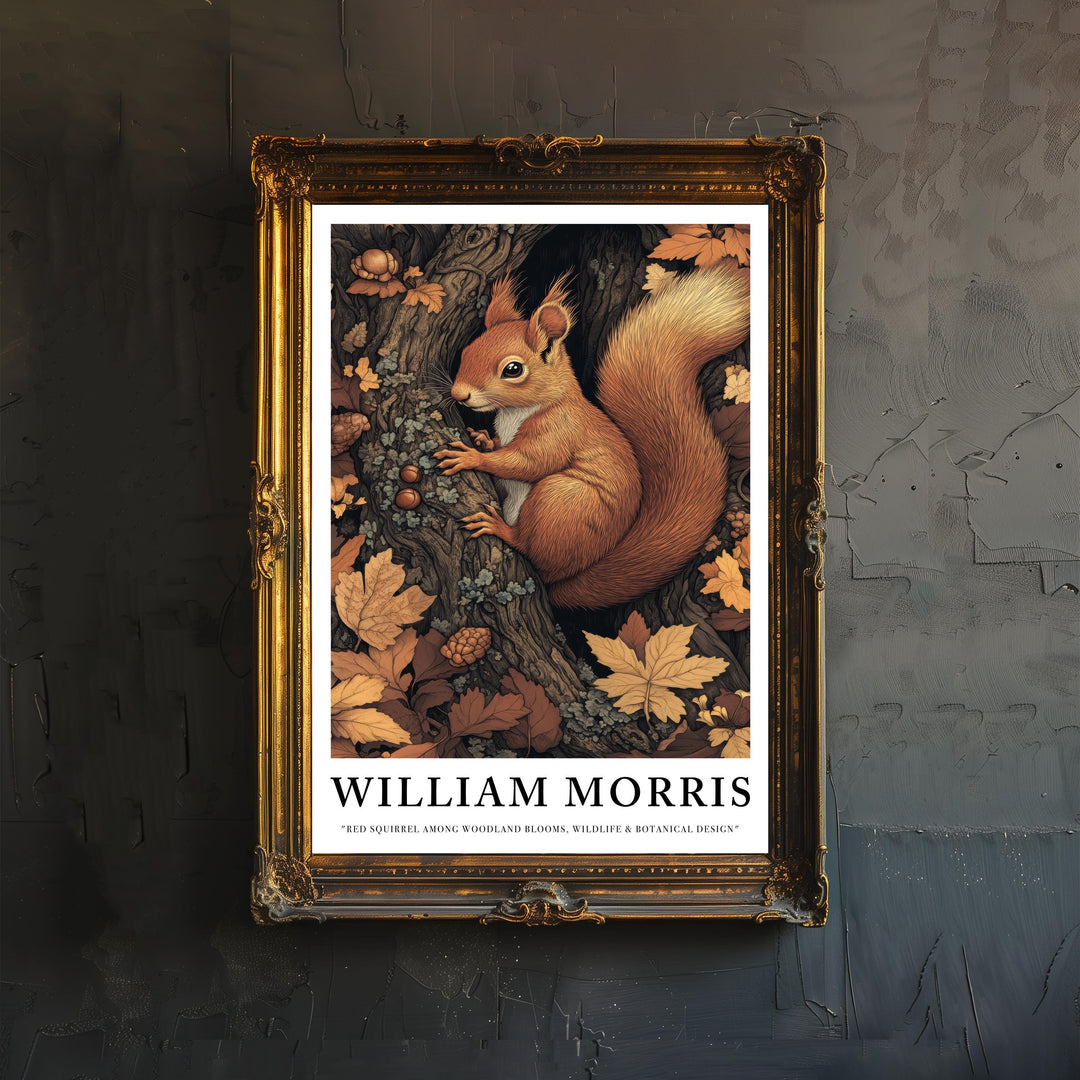 William Morris Red Squirrel Among Woodland Poster Cottagecore Decor Dark Academia Art Vintage Botanical Illustration Rustic Nature Wall Art