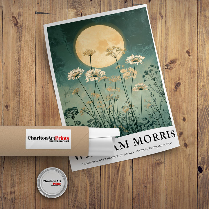 William Morris Moon Rise Over Meadow of Daisies Poster Cottagecore Decor Dark Academia Art Vintage Botanical Illustration Rustic Nature Wall