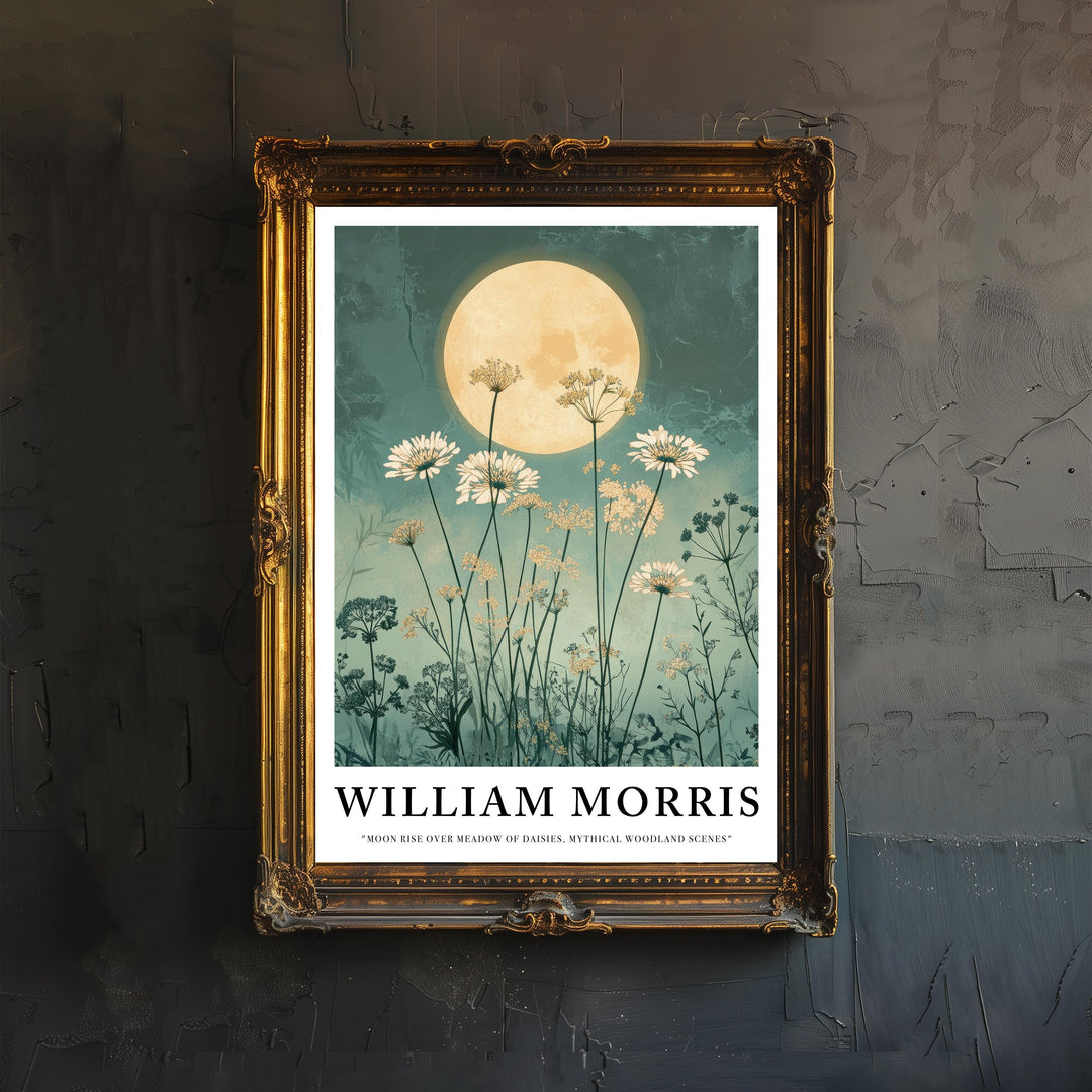 William Morris Moon Rise Over Meadow of Daisies Poster Cottagecore Decor Dark Academia Art Vintage Botanical Illustration Rustic Nature Wall