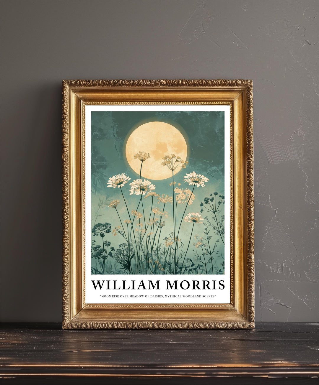 William Morris Moon Rise Over Meadow of Daisies Poster Cottagecore Decor Dark Academia Art Vintage Botanical Illustration Rustic Nature Wall