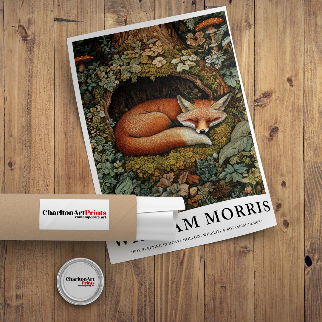 William Morris Fox Sleeping in Mossy Hollow Poster Cottagecore Decor Dark Academia Art Vintage Woodland Illustration Rustic Nature Wall Art