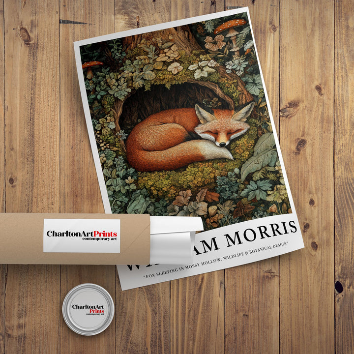 William Morris Fox Sleeping in Mossy Hollow Poster Cottagecore Decor Dark Academia Art Vintage Woodland Illustration Rustic Nature Wall Art