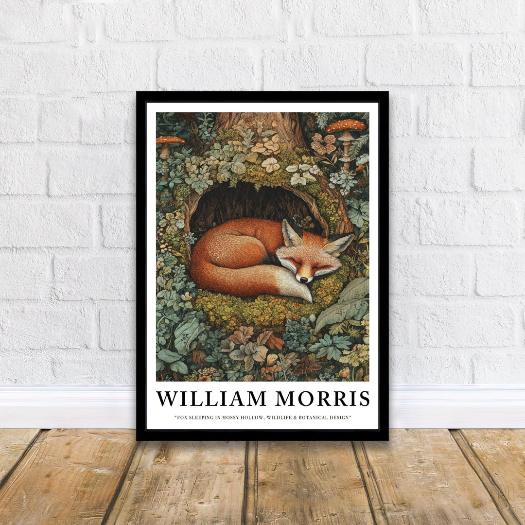 William Morris Fox Sleeping in Mossy Hollow Poster Cottagecore Decor Dark Academia Art Vintage Woodland Illustration Rustic Nature Wall Art