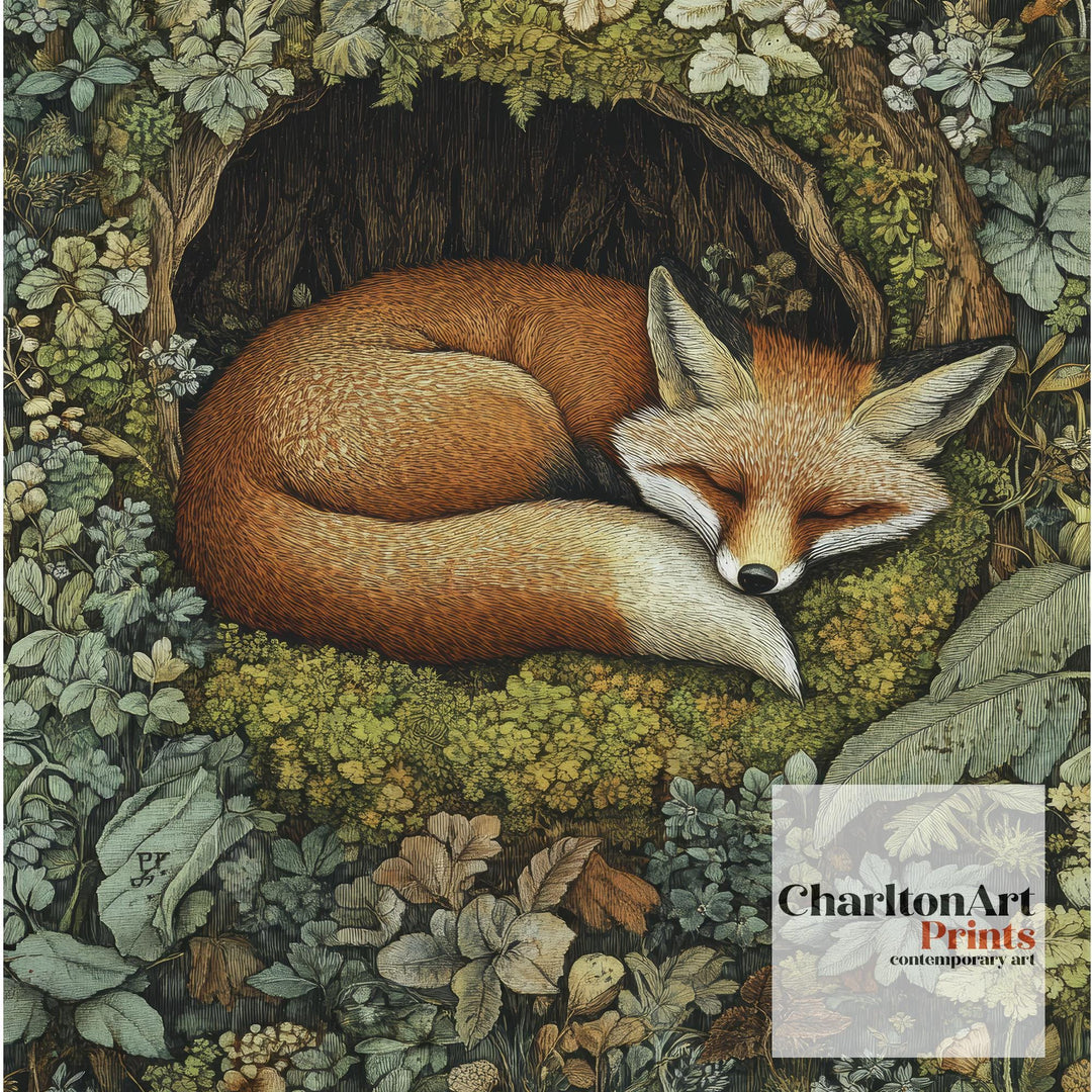 William Morris Fox Sleeping in Mossy Hollow Poster Cottagecore Decor Dark Academia Art Vintage Woodland Illustration Rustic Nature Wall Art